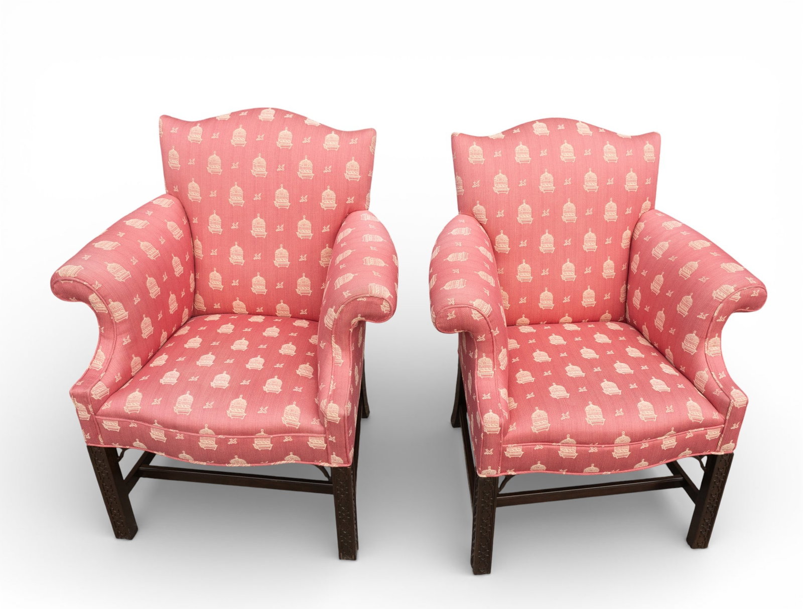 Chinese Chippendale Upholstered Armchairs (2): Pair of Chinese Chippendale upholstered armchairs. Measure approx. 3' H x 31.5" W x 22" D. Very good condition and upholstery with birdcage motif.
