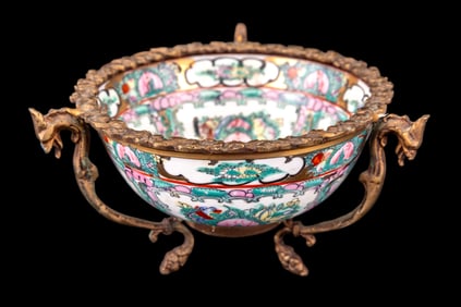 Chinese Handpainted Porcelaion & Bronze Bowl