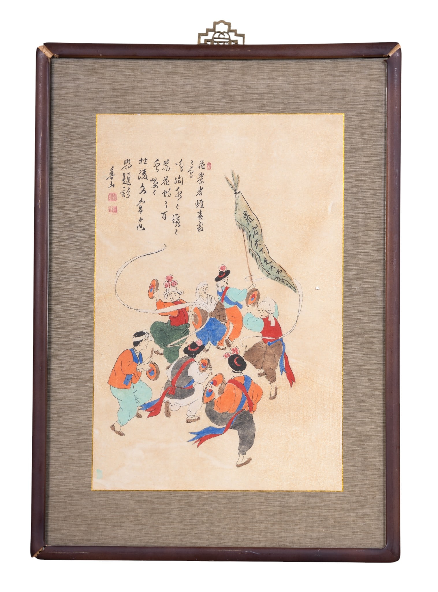 Early 20th C Chinese Folk Art Painting: An early Chinese folk art painting depicting a celebration with music and banners thought to be late 19th or early 20th century measuring approx. 24.5" x 17" OD. Frame has damage as seen in photograph
