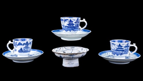 Chinese Canton Blue Tea Cups, Plates, & Dish