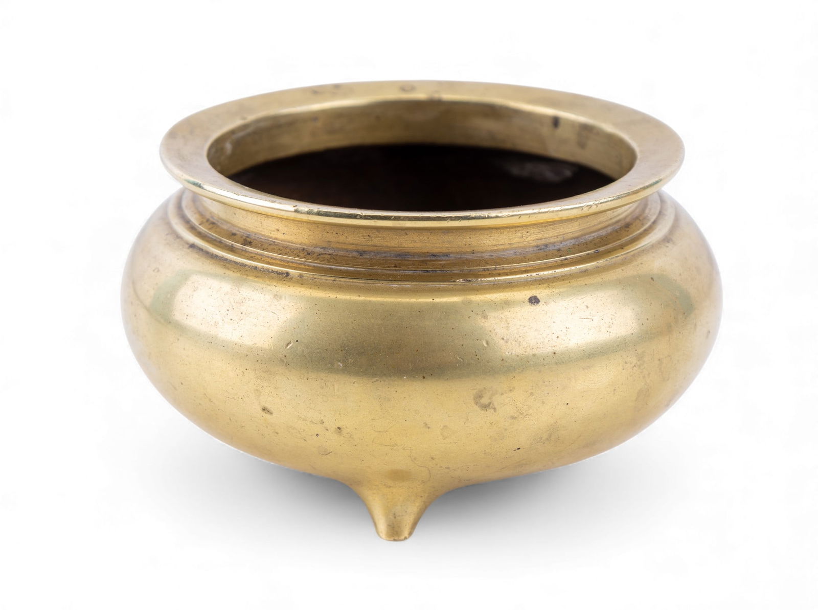 Vintage Chinese Bronze Incense Burner: A vintage Chinese bronze incense burner, round form with thick rim and supported on 3 conical feet. Measures approx. 2" H x 3.75" diameter.