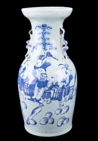 Chinese 20th C Celadon Blue & White Decorated Vase