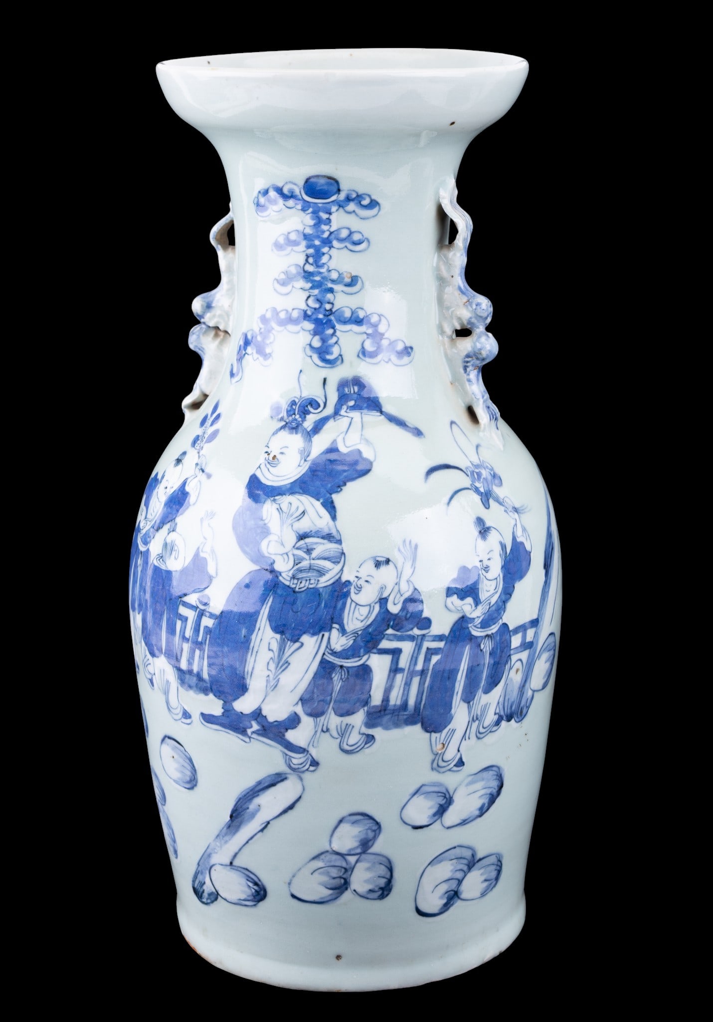 Chinese 20th C Celadon Blue & White Decorated Vase: A large 20th century Chinese celadon blue & white vase with foo dog handles aqnd tight star crack on bottom. Measures approx. 17" high x 8" diameter. Handpainted scene ddepicts a teacher and his pupil