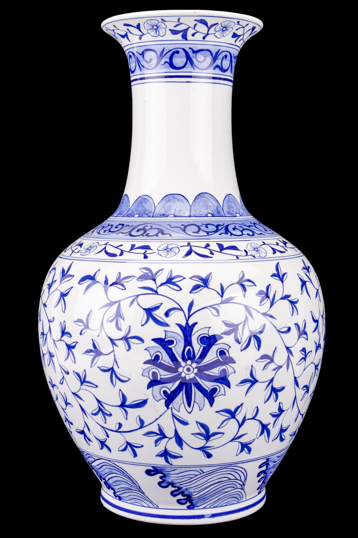 Taiwan Reproduction Blue & White Vase: A Taiwanese reproduction blue & white vase measuring approx. 17" high x 10" diameter. Taiwan ROC mark on bottom.