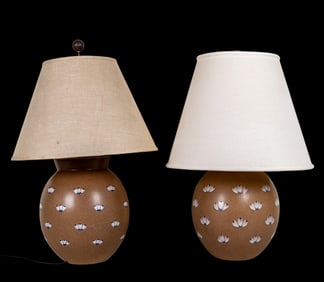 Large Brown Pottery Lamps, Applied Decoration