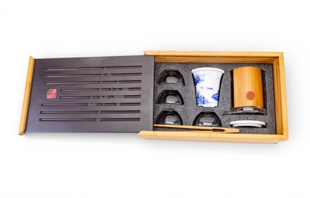 Asian Bamboo & Porcelain Travel Tea Set