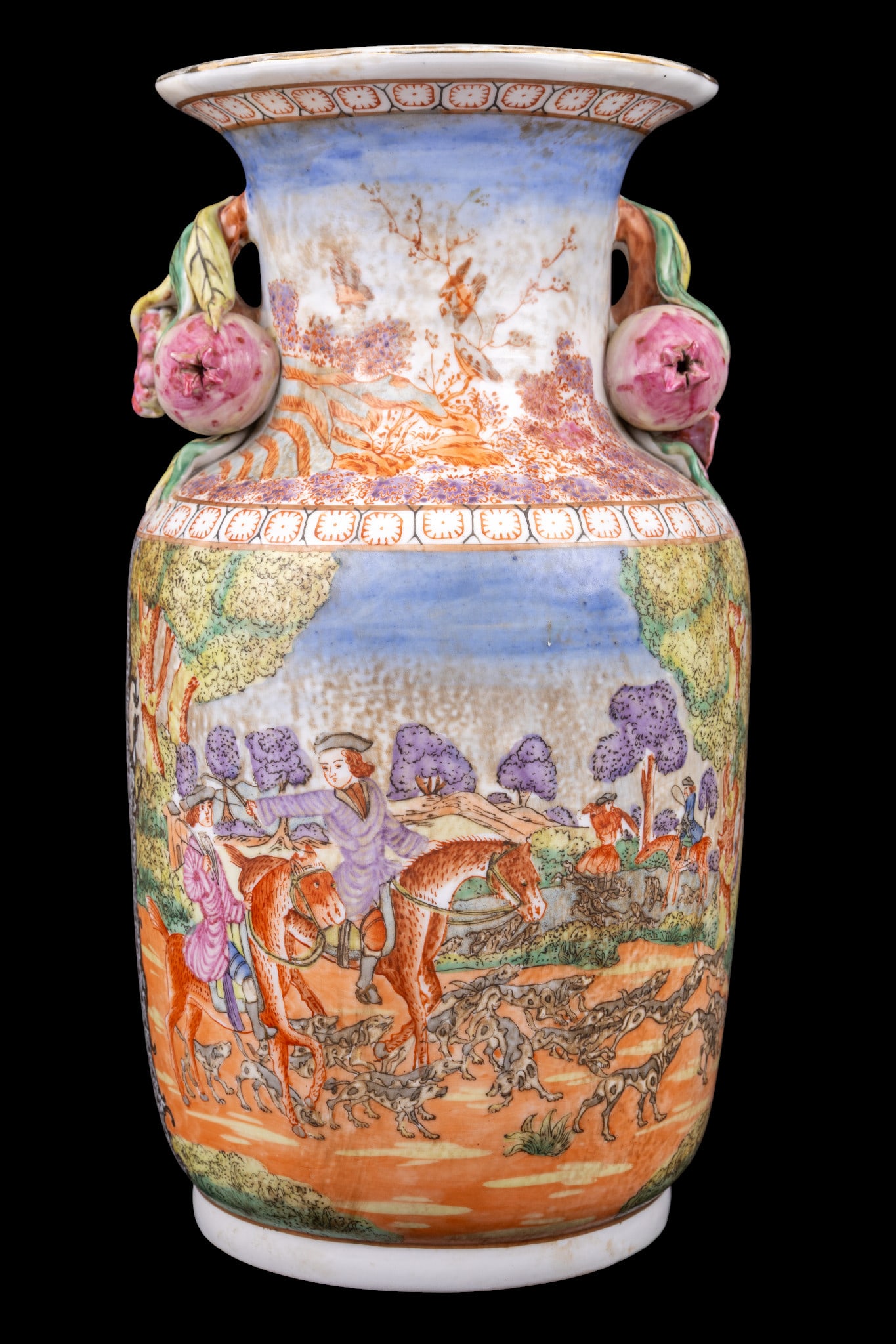 20C Chinese Decorative Vase: 20th century Chinese decorative vase featuring hand-painted hunting scenes with gilt highlights and applied branch and berry motifs at the neck. Measures approx. 14" H.