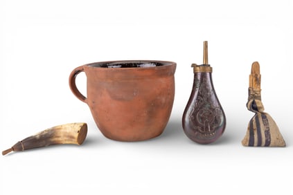 Redware Pot, 3 Powder Flasks
