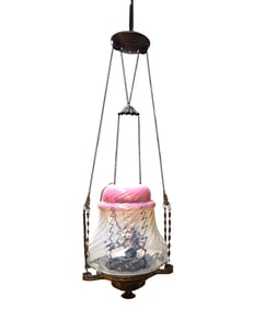 Victorian Opalescent Glass Hanging Oil Lamp
