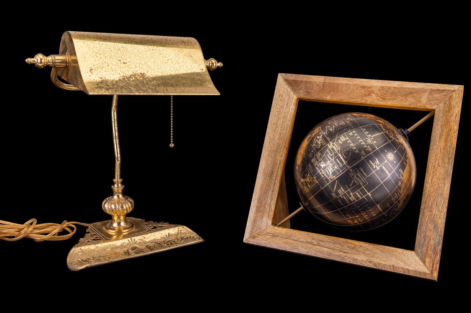 Teakwood Framed Globe, Brass Student Lamp (1 of 13)