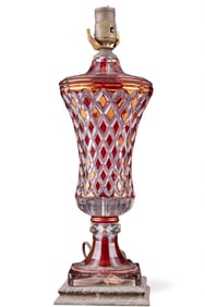 Bohemian Cut to Clear Cranberry Crystal Lamp