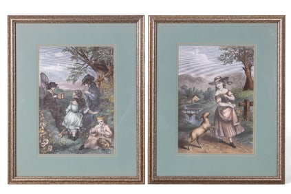 Pair of Vintage Hand-Colored Lithographs
