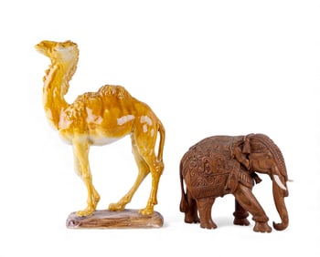Carved Wooden Elephant, Ceramic Camel