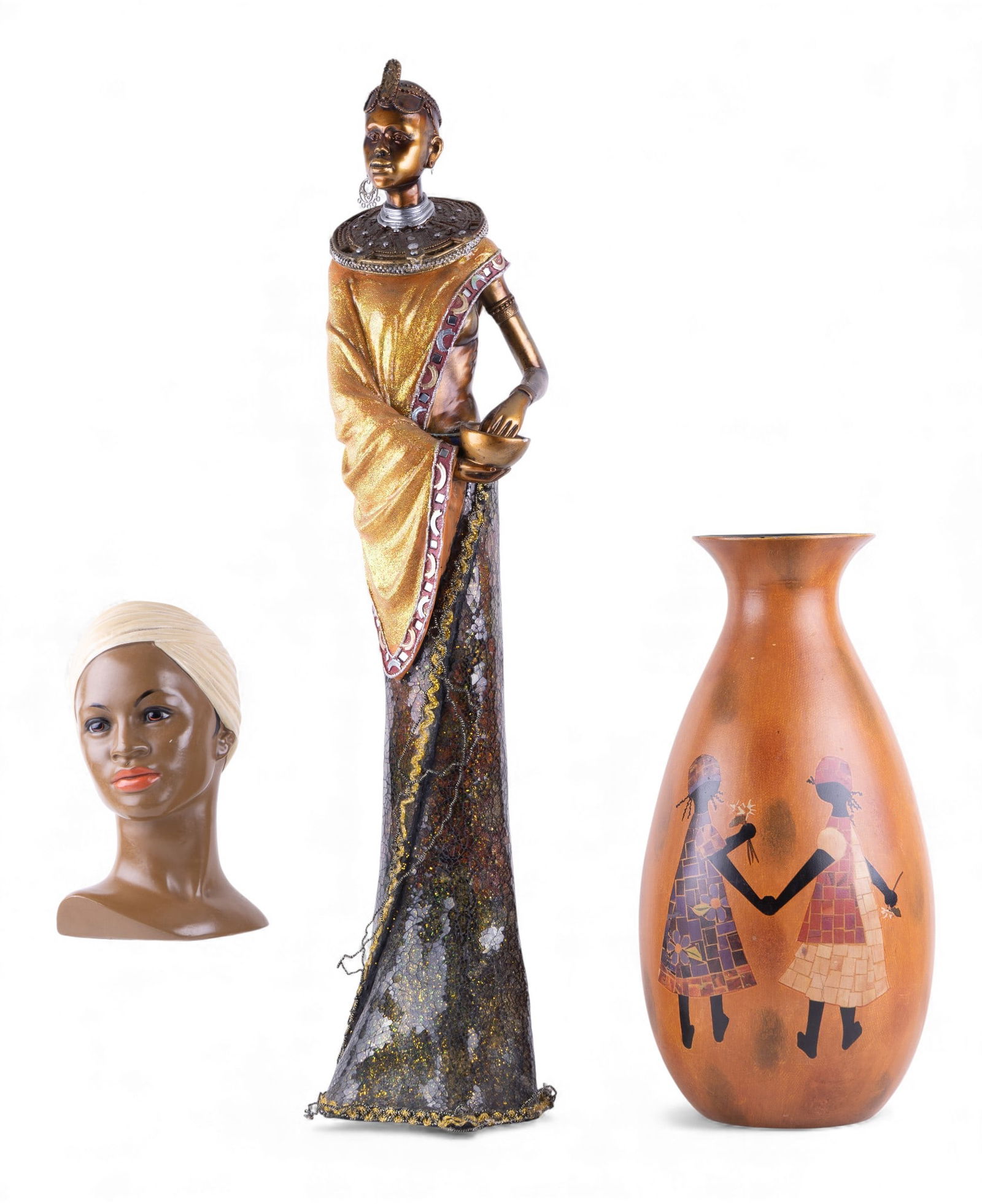 African-Themed Tall Statuette, Bust, Vase: Tall 28" H mixed-media standing African Queen / woman figure with ornate beaded collar and gold-tone fabric-lined lower body; one large wooden-finish vase decorated with stylized women in mosaic-style