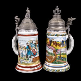 Pair of Porcelain Regimental Lidded Steins
