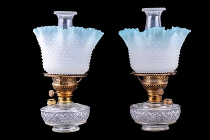 Antique Oil Lamps w/ Blue Hobnail Shades