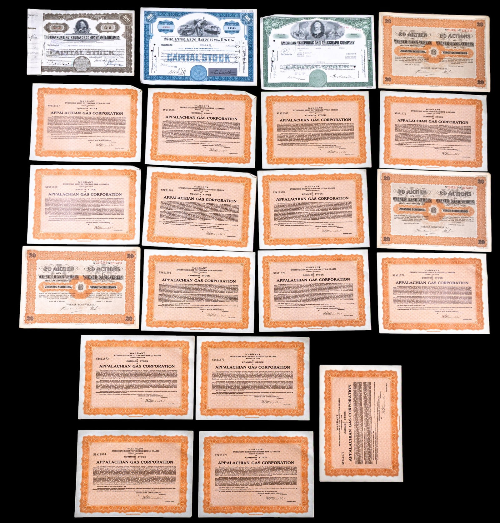 23 Stock Certificates & Warrants: Twenty three stock certificates & warrants from companies such as: American Telephone & telepgraph corporation, Seatrain Lines inc., the Franklin Fire Insurance company, Appalachian Gas Corp., and a G