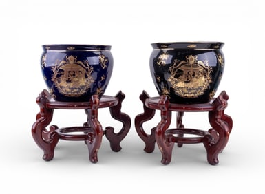 Pair Continental Porcelain & Gilded Planters