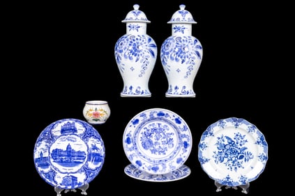 Pair Delft Blue Hand-Painted Vases, Transferware