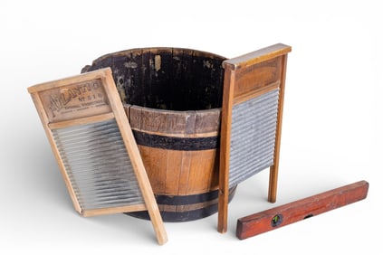 Antique Ad Washboards, Barrel Basin, & More
