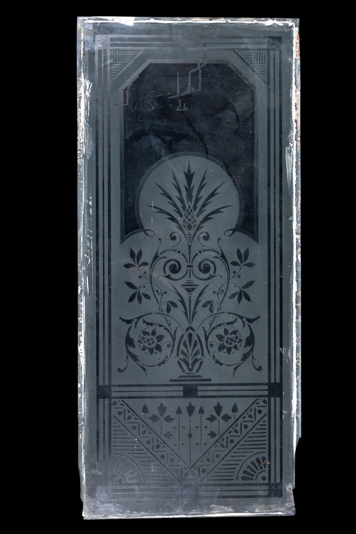 Vintage Frosted & Etched Glass Window Pane: Vintage rectangular window pane featuring an ornate frosted glass design with geometric borders, floral motifs, and decorative scrollwork. Measures approx. 36" x 16".