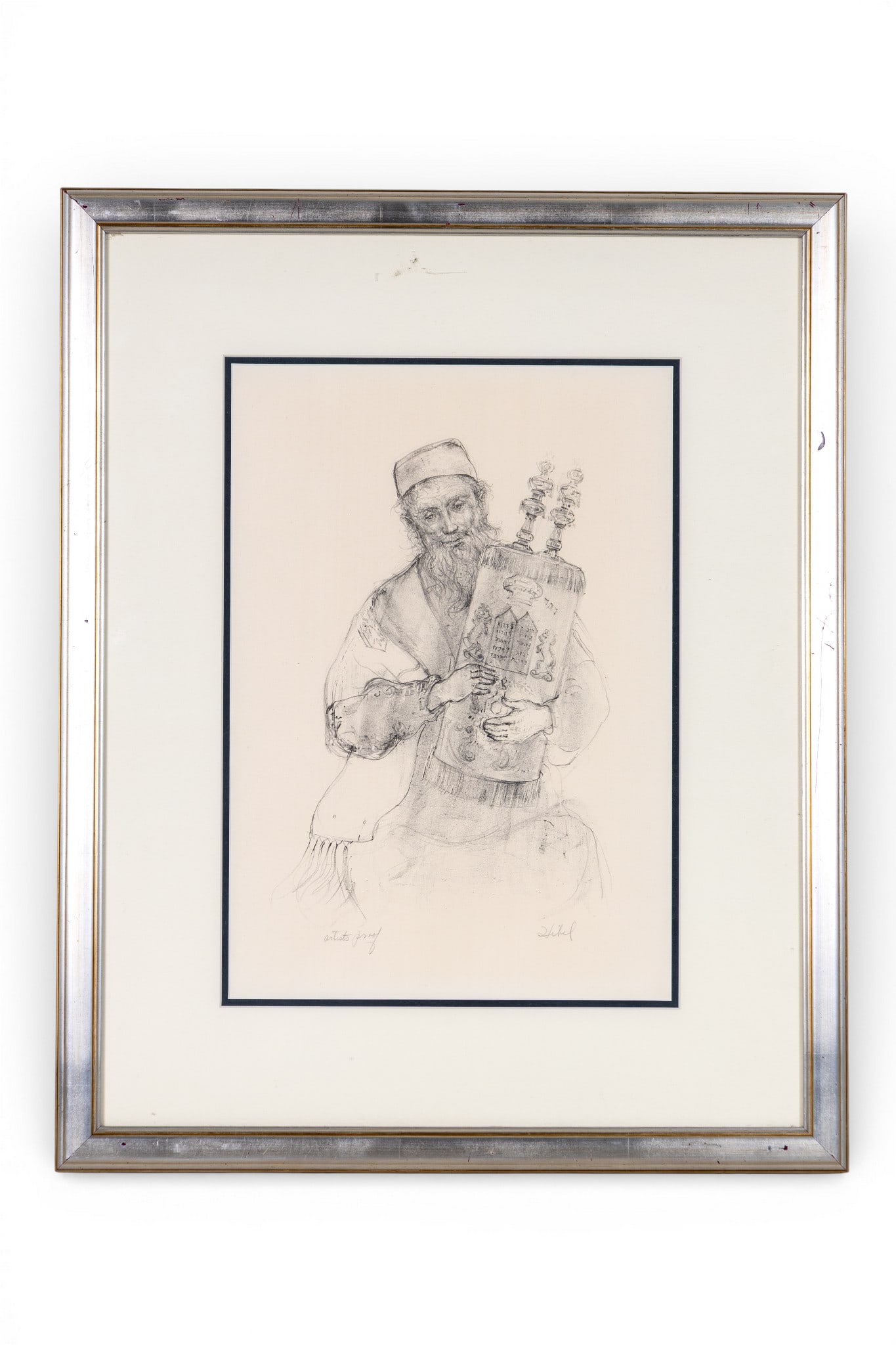 Edna Hibel Pencil Drawing, Artist's Proof Framed: Framed pencil drawing by Edna Hibel (American, 1917-2014), depicting a bearded figure holding the Torah. Signed in lower right, marked artist's proof lower left. Measures approx. 25.5" H x 20.5" W OD.