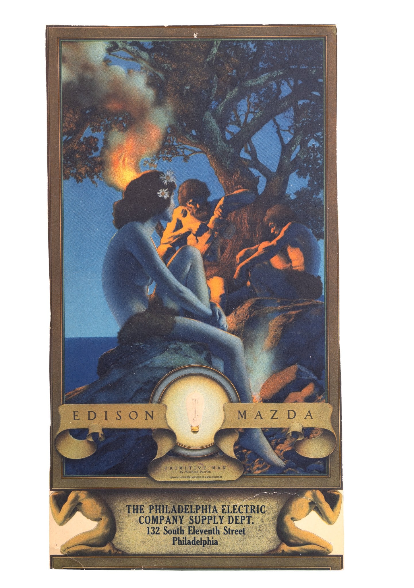 "Primitive Man" Maxfield Parish Phil. Advertising: A piece of earely ephemera featuring Maxfield Parish's "Primitive Man" advertising Edison Mazda (Edison Lamp Works of General Electric Co.). Piece was likely printed in the year 1921, evidenced by blu
