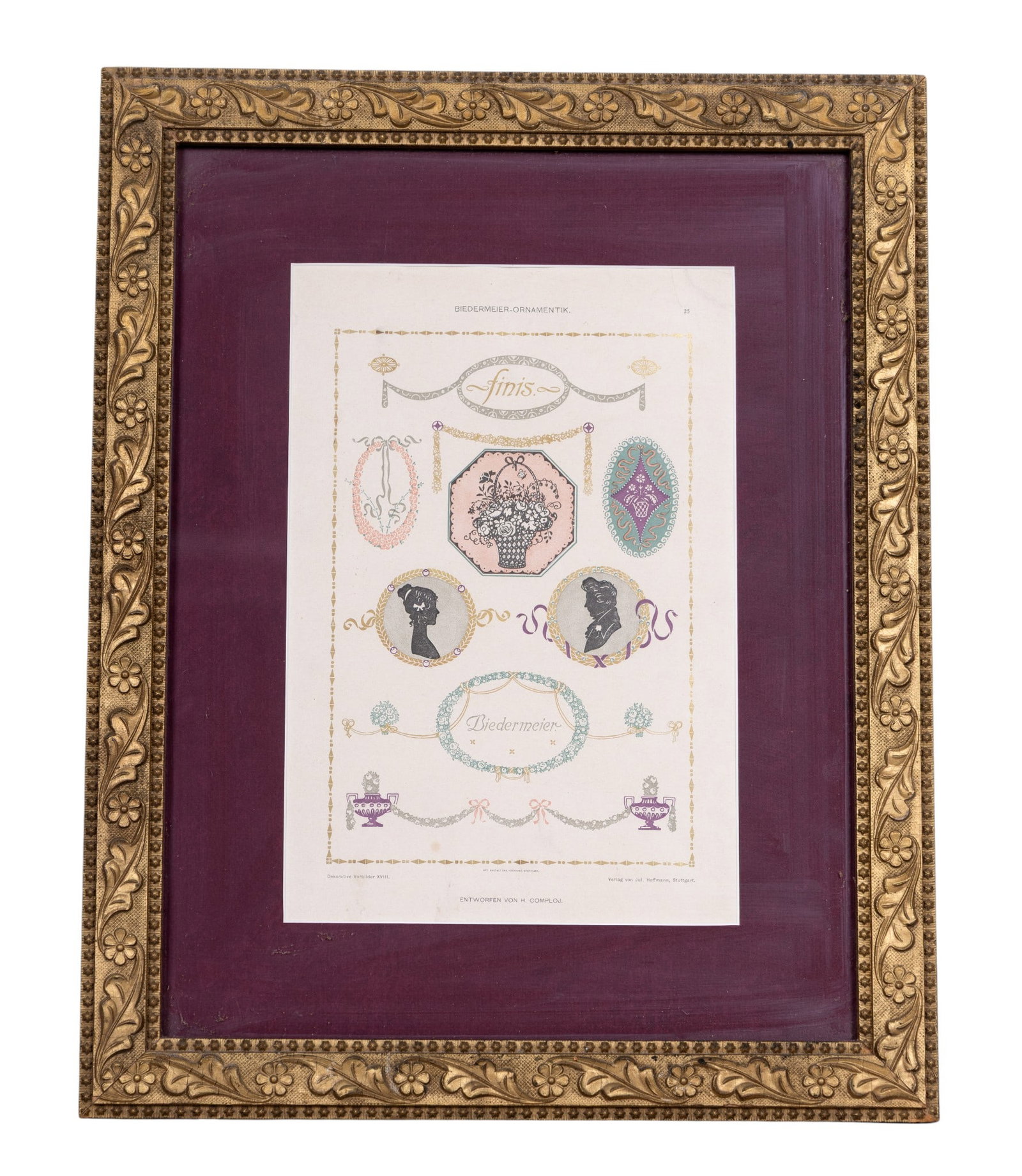 Biedermeier-Ornamentik Framed Display Plate: A framed display plate from Biedermeier-Ornamentik measuring approx. 21" x 16.5" OD in frame. Item is likely early 20th century and was designed by H. Comploj with floral arrangements, silhouettes & m