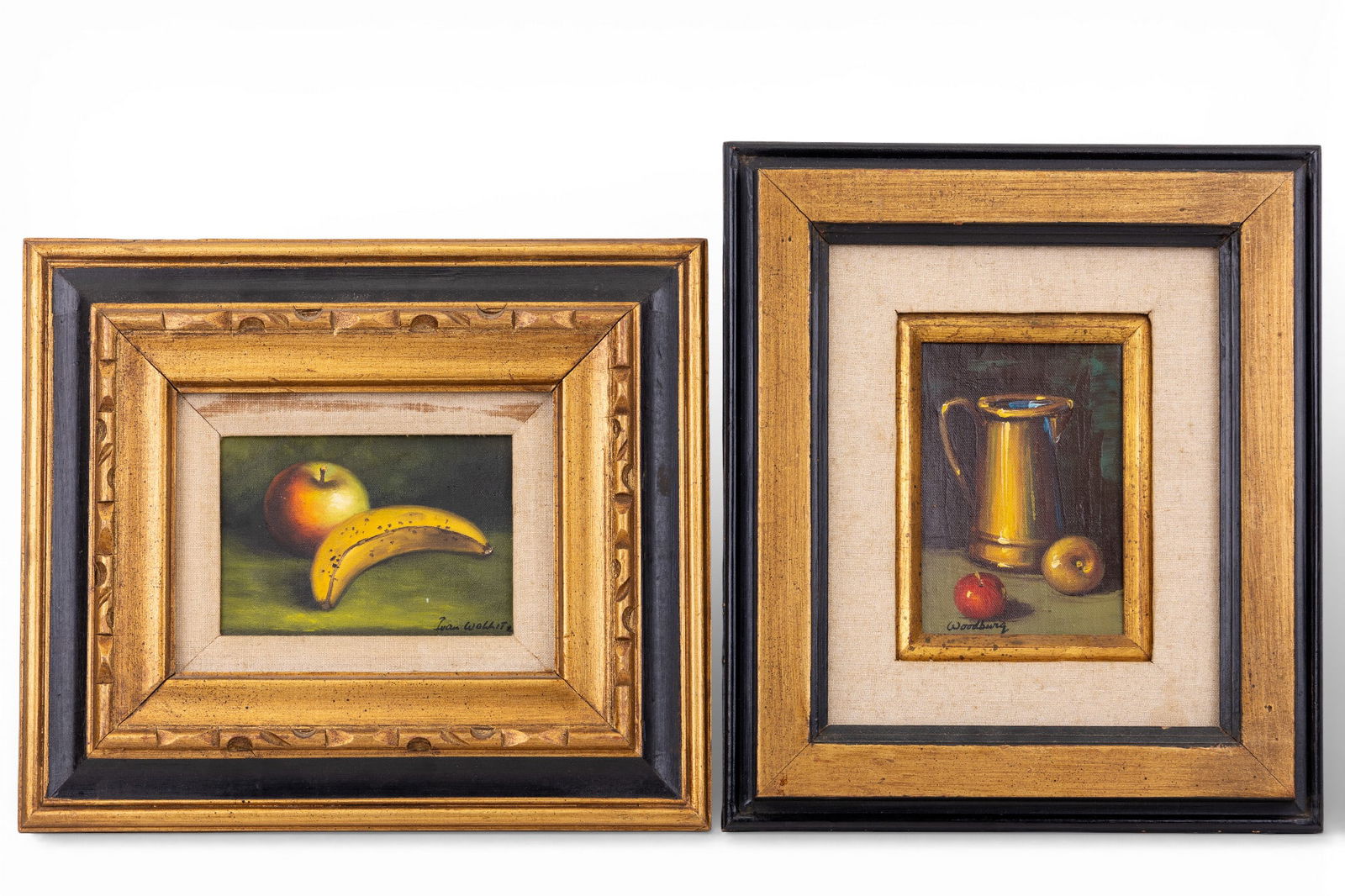 Pair of Still-Lifes Signed Woodburg, Wollite: A pair of small still-life oil paintings depicting fruit and kitchenware measuring approx. 13" x 15" OD in frame.