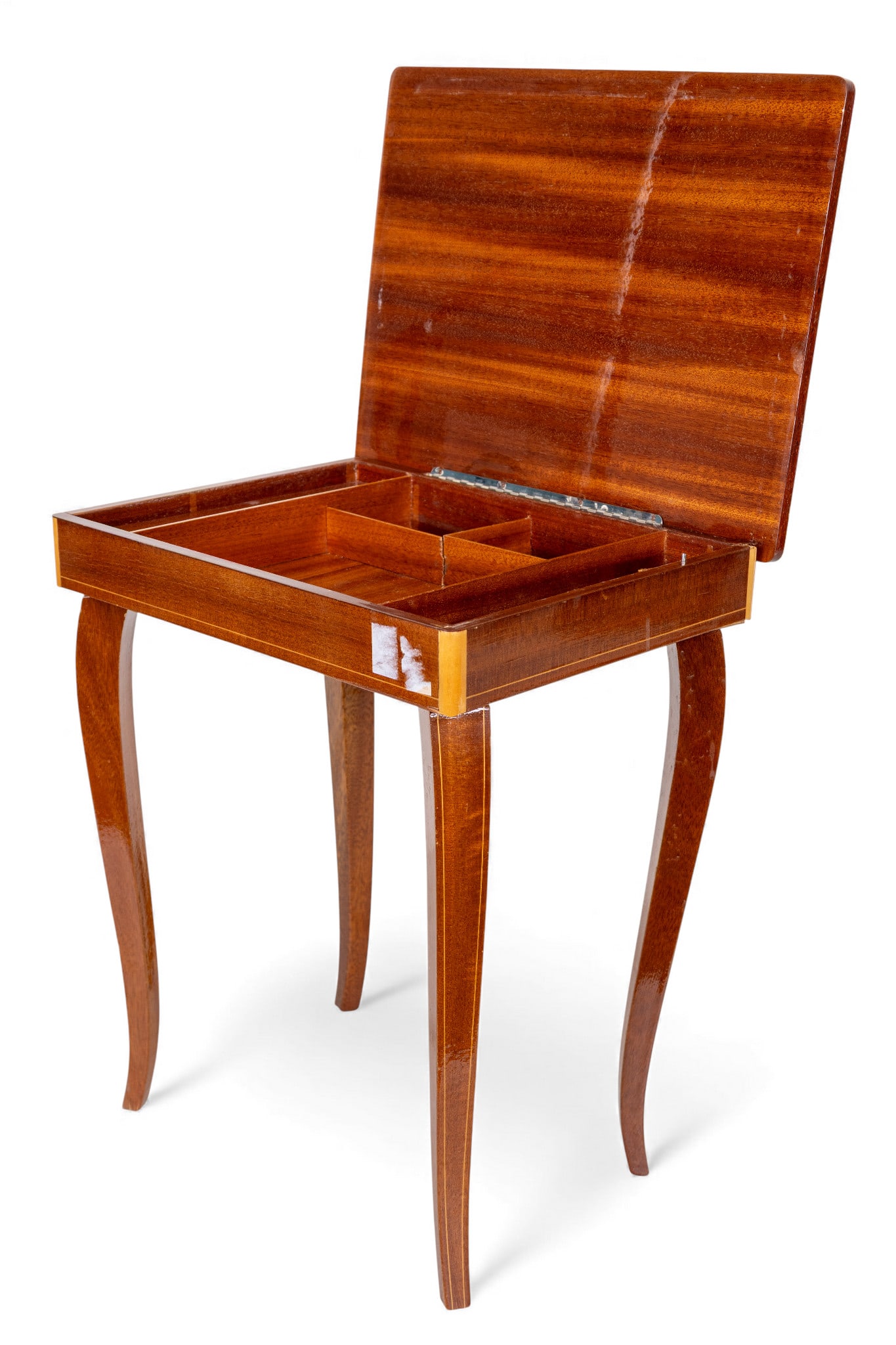 Wood Inlay Cigar Music Box Side Table: Vintage wood inlay cigar music box side table that plays the theme to the Godfather, measures approx. 14" W x 11" D x 17" H. Note scuffs on the surface.