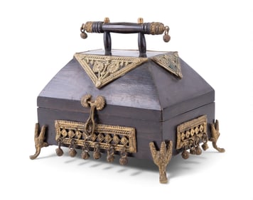 Early Indian Wood Jewelry Casket w/ Brass Decor