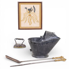 Early Sadiron, Fire Bucket, Fireplace Tools & more
