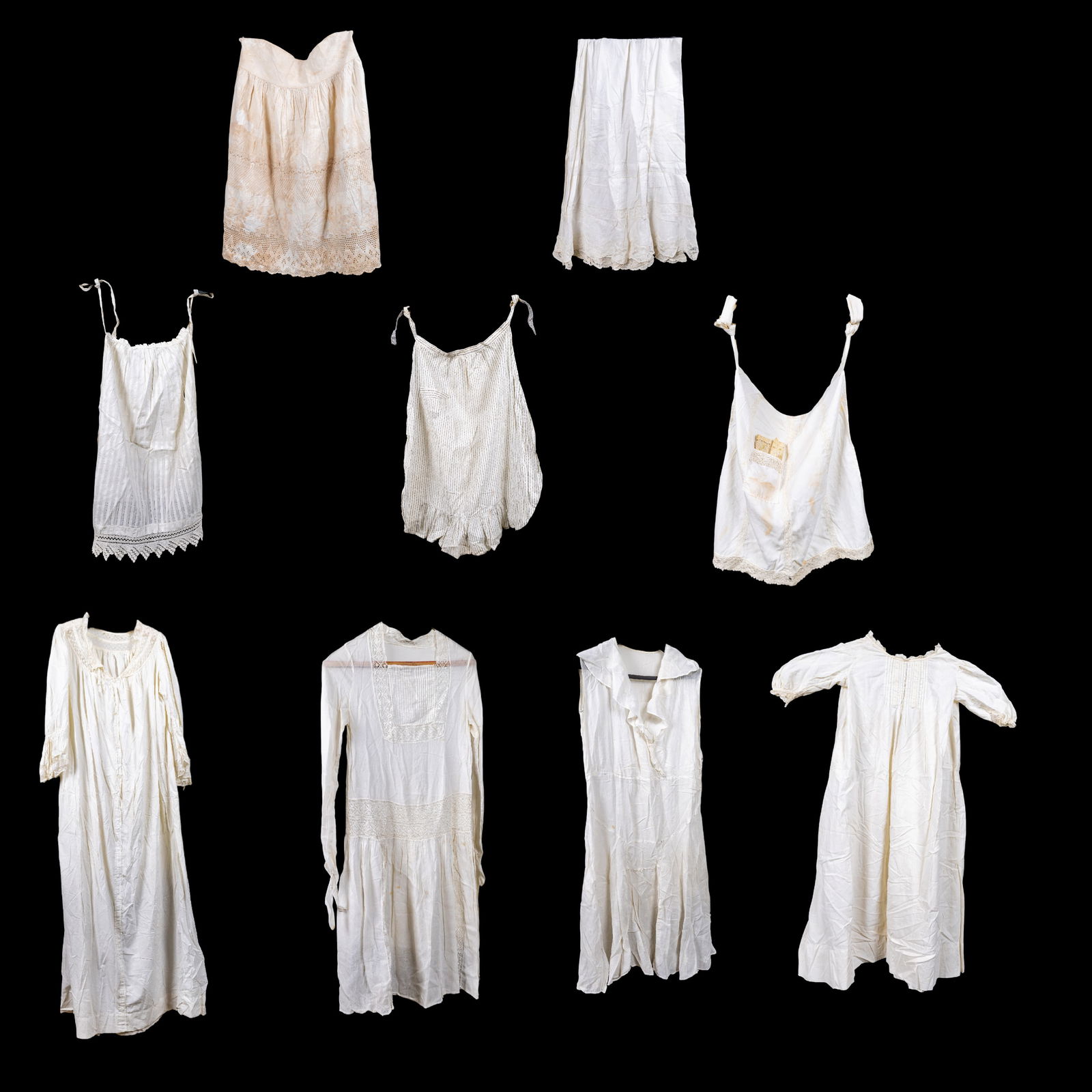 Early Nightgowns, Petticoats, Lace, more (7 Pc.): Grouping of early cotton, linen, and handmade lace nightgowns and petticoats including a child's nightgown and a lace gown likely made 1910-1930. Discoloration present on sopme pieces as seen in photo
