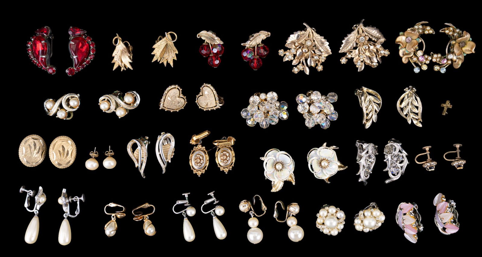 Vintage Estate Earrings: Vintage estate earrings including crystal cluster earrings, vintage Christmas clip earrings, faux pearl screwback earrings, and more.