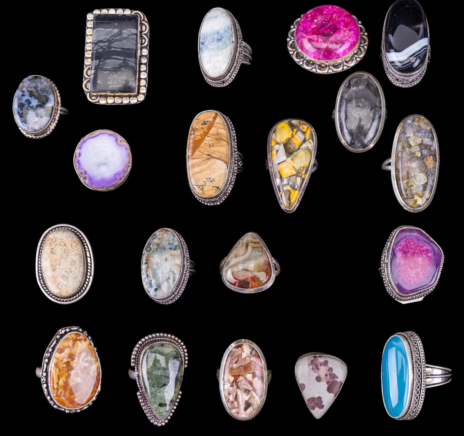 Hand Made Silver Plate & Semi Precious Stone Rings: A collection of 20 hand made silver plated rings featuring natural semi precious cabochon stones including aqua calcedony, prehnite, druzy, mookaite jasper, coral fossil, green onyx, and more. Sizes R