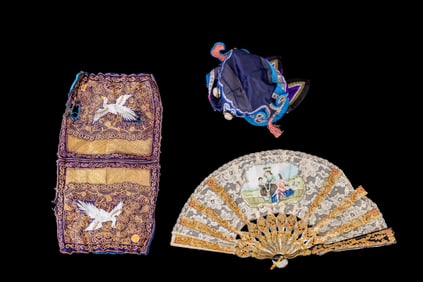 Antique Chinese Embroideries and 19th C Hand Fan
