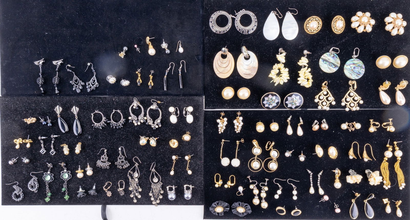 Noir and Faux Pearl Earrings (60prs): A collection of 60 pairs of faux pearl and noir stud, French hook, screw back, and clip on earrings.