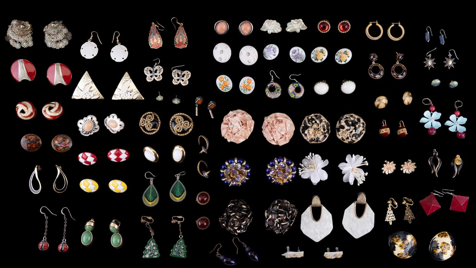 Acrylic and Enamel Costume Earrings (52prs): A collection of 52 pairs of hand made, acrylic, and enamel gold and silver tone costume earrings.