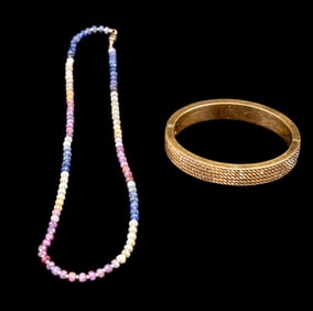 14K Gold Bangle & Semi Precious Stone Necklace