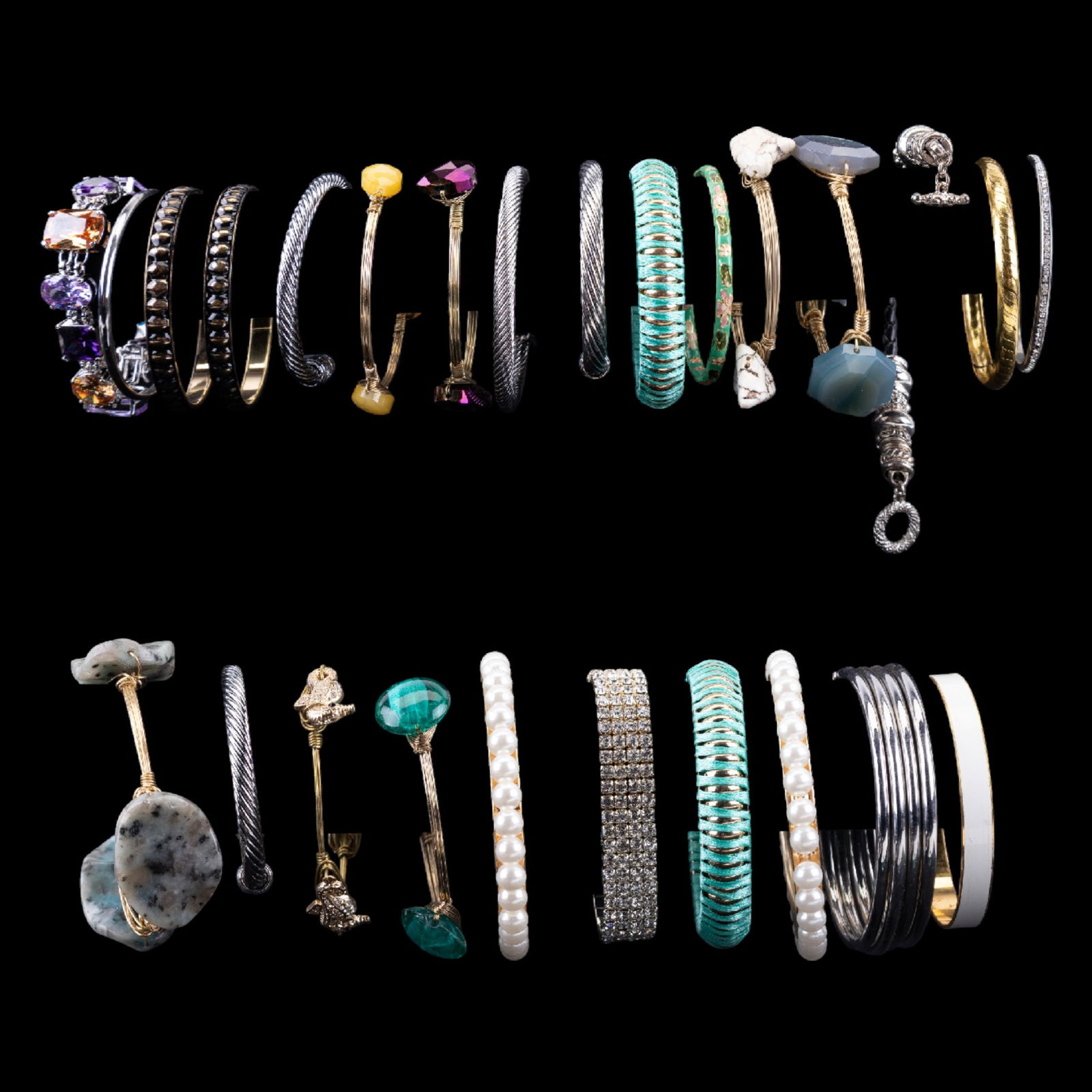 Variety of Bracelets: Includes gold tone & silver tone bracelets, wire and other stone bangles, pearl style, cable style + others.