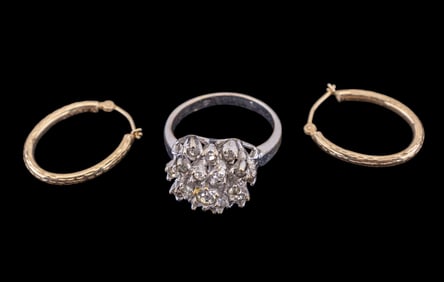 14K Yellow Gold Hoop Earrings, Cluster Ring