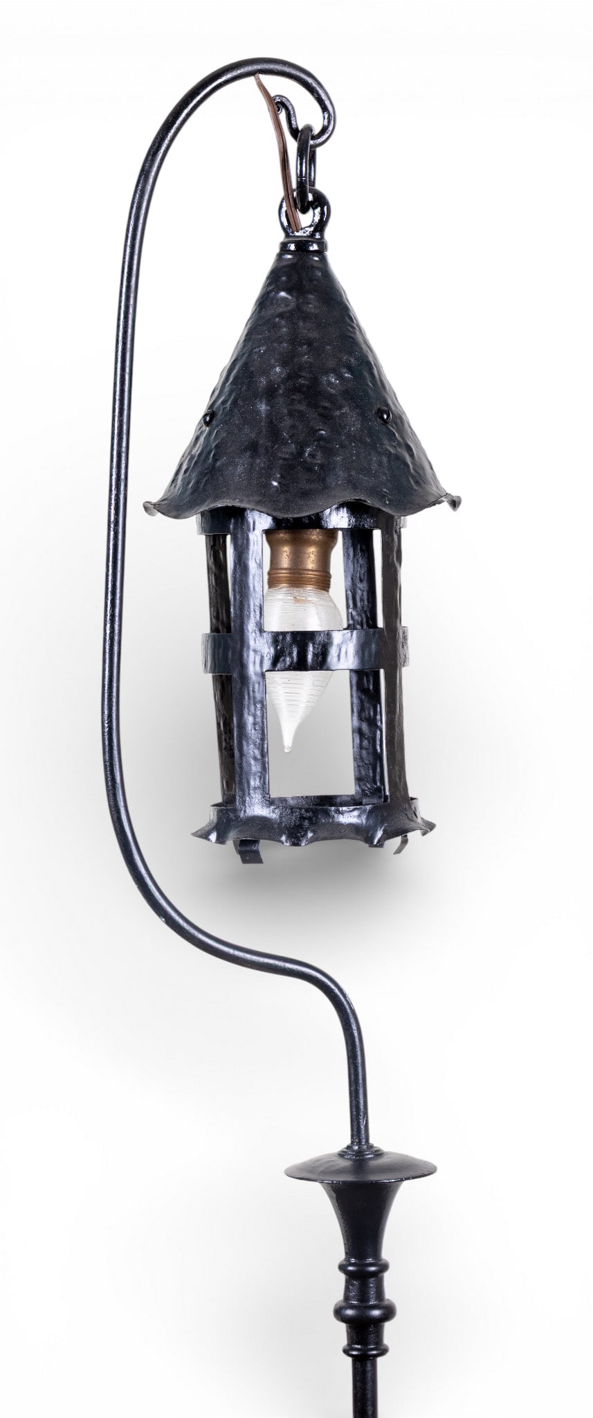 Arts & Crafts Floor Pole Lamp: Arts & Crafts cast metal floor pole lamp featuring a hammered metal conical shade, cage-style lantern body, curved arm support, and tripod base. Measures approx. 64" H
