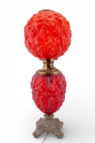 Vintage Red Glass Table Lamp w, Ornate Metal Base