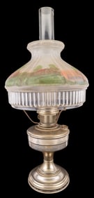 19th/20th C Oil Lamp w/ Handpainted Shade