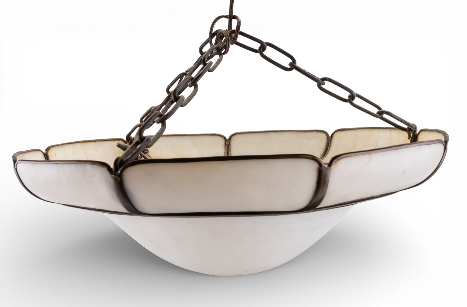 19th/20th C Slag/White Glass Entranceway Lamp: A late 19th or early 20th C entranceway hanging ceiling lamp with copper/brass mounts measuring 9.75" diameter, 12" drop. Lamp measures approx. 5.5" high.