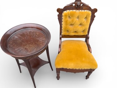 Victorian Walnut Chair, Round Tray Table