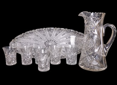 Early Cut Crystal Pitcher, Juice Glass Set