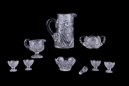 19th C Cut Crystal Pitcher, Footed Salts, Bowl, +