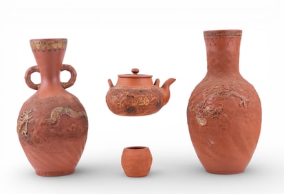 Japanese 4pc. Clay Pottery w/ Teapot, Vases