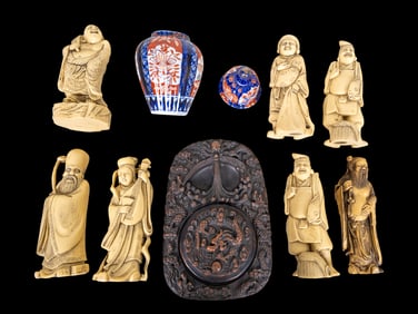 Asian Immortal Figures, Ink Stone, Painted Jar